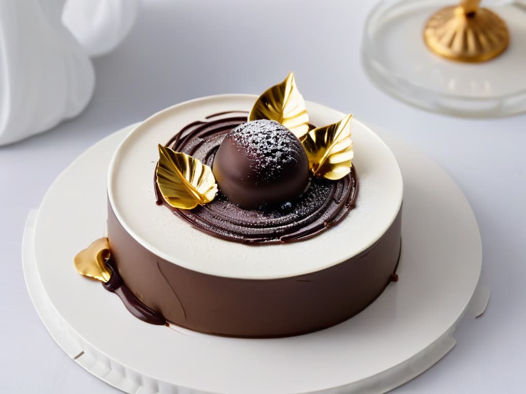  An ultradetailed closeup image of a sleek, modern dessert plate featuring a single elegant chocolate truffle adorned with a delicate gold leaf, resting on a pristine white background. The truffle is perfectly round, with a smooth glossy surface reflecting soft ambient light, showcasing intricate swirls and patterns created with precision. The gold leaf shimmers subtly, adding a touch of luxury to the minimalist composition. The overall aesthetic is sophisticated and refined, embodying the essence of minimalist dessert decoration techniques. hyperrealistic, full body, detailed clothing, highly detailed, cinematic lighting, stunningly beautiful, intricate, sharp focus, f/1. 8, 85mm, (centered image composition), (professionally color graded), ((bright soft diffused light)), volumetric fog, trending on instagram, trending on tumblr, HDR 4K, 8K