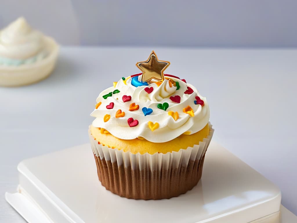  A closeup, ultradetailed image of a beautifully decorated cupcake with vibrant colors and intricate designs representing various symbols of diversity and inclusivity, such as rainbow colors, hearts, stars, and different cultural patterns. The frosting is perfectly swirled, and tiny edible decorations adorn the top, creating a visually stunning and appetizing dessert that embodies the theme of inclusivity and celebration of diversity in a subtle and elegant way. hyperrealistic, full body, detailed clothing, highly detailed, cinematic lighting, stunningly beautiful, intricate, sharp focus, f/1. 8, 85mm, (centered image composition), (professionally color graded), ((bright soft diffused light)), volumetric fog, trending on instagram, trending on tumblr, HDR 4K, 8K