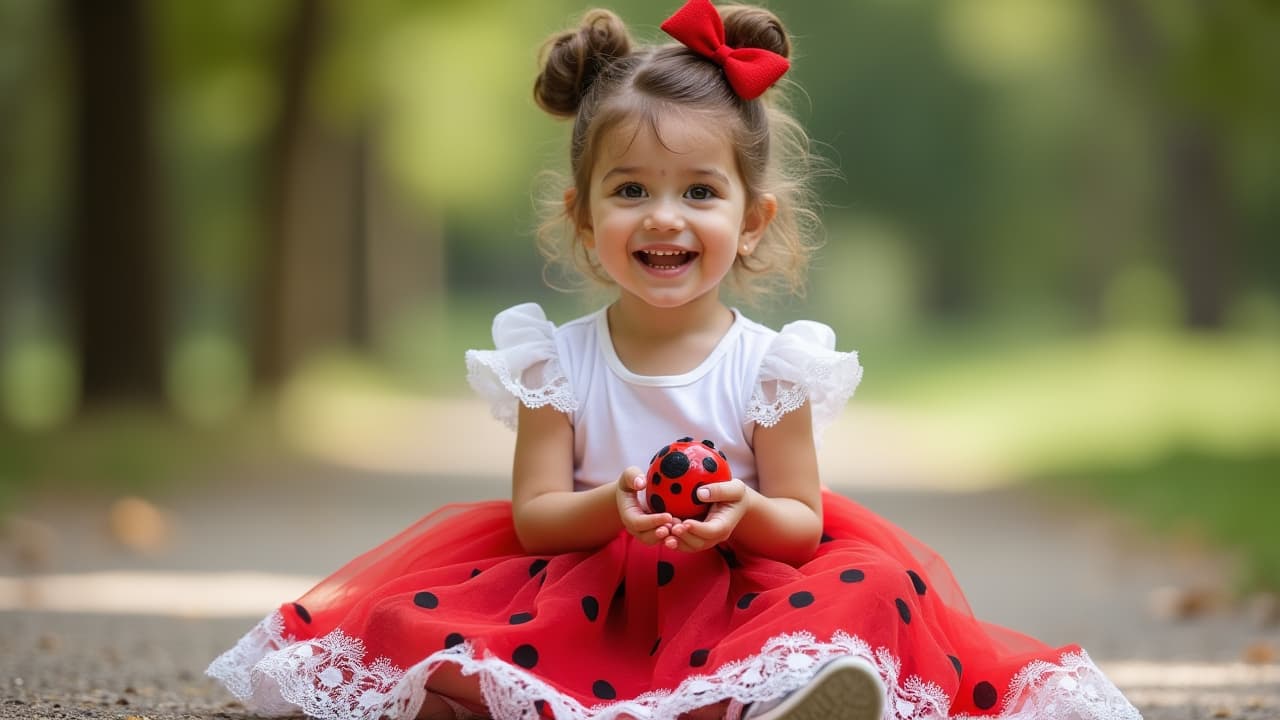  good quality, high quality, the image depicts a young , likely a girl, sitting on the ground outdoors. she has a joyful expression on her face, with a broad smile and sparkling eyes that convey a sense of delight and innocence. her hair is styled in an updo with a red bow, adding a pop of color that matches her dress. she is wearing a white top with short, puffy sleeves that have a delicate lace trim. the sleeves are slightly sheer, suggesting a lightweight fabric. the of her dress is voluminous and features a red base color with black spots, reminiscent of a ladybug pattern. the has a white lace hem that adds a touch of elegance and femininity to the outfit. the is holding a small, red ladybug toy with black spots,