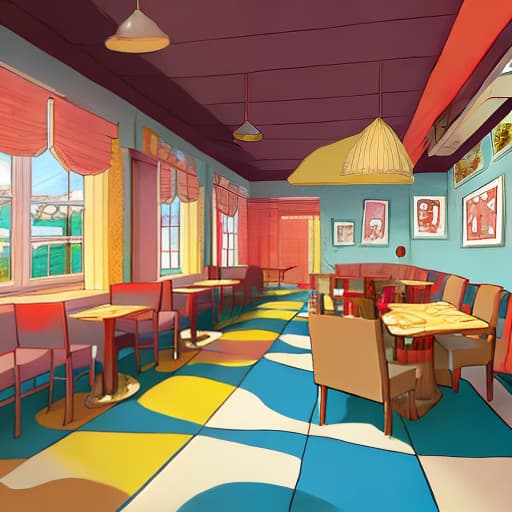  cartoon restaurant, inside view, floor, beautiful,