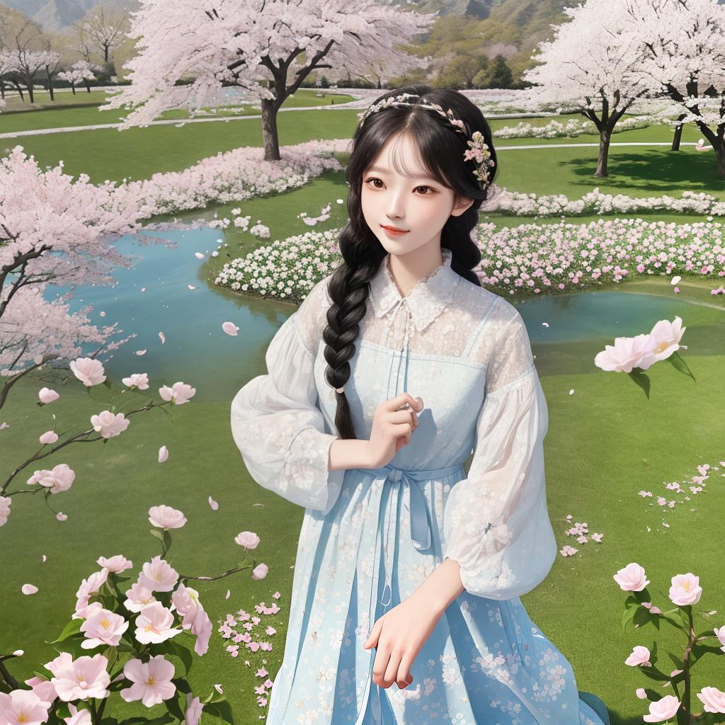  masterpiece, best quality,(fidelity: 1.4), best quality, masterpiece, ultra high resolution, 8k resolution, maiden, beautiful maiden, delicate features, black hair, braids, hair band accessories, floral accessories, park background, cherry tree