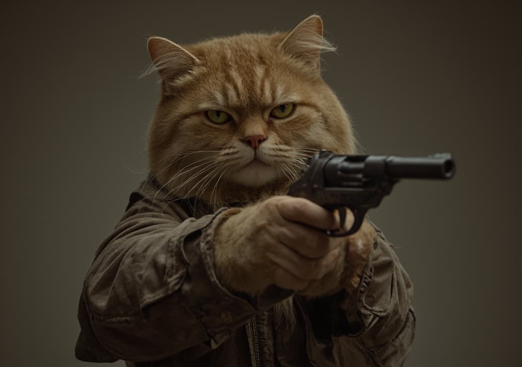  good quality, high quality, a cat with human with gun