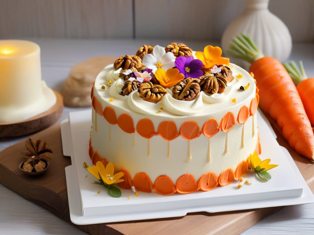  A photorealistic image of a freshly baked carrot and walnut cake resting on a rustic wooden table. The cake is beautifully decorated with swirls of cream cheese frosting, topped with a sprinkle of chopped walnuts and delicate edible flowers. The golden crust of the cake glistens under soft natural light, showcasing the moist interior filled with crunchy walnuts and specks of vibrant orange carrots. The background features a blurred kitchen setting with scattered baking utensils, hinting at the process of creating this delectable dessert. hyperrealistic, full body, detailed clothing, highly detailed, cinematic lighting, stunningly beautiful, intricate, sharp focus, f/1. 8, 85mm, (centered image composition), (professionally color graded), ((bright soft diffused light)), volumetric fog, trending on instagram, trending on tumblr, HDR 4K, 8K