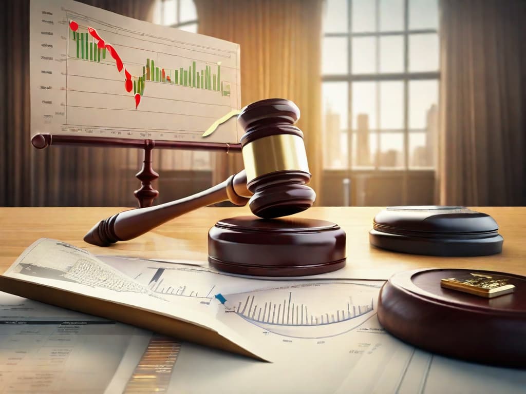  A graphic image displaying various financial charts with arrows indicating fluctuating interest rates, and a gavel to represent decision-making authority. digital art, ilustration, no flares, clean hyperrealistic, full body, detailed clothing, highly detailed, cinematic lighting, stunningly beautiful, intricate, sharp focus, f/1. 8, 85mm, (centered image composition), (professionally color graded), ((bright soft diffused light)), volumetric fog, trending on instagram, trending on tumblr, HDR 4K, 8K