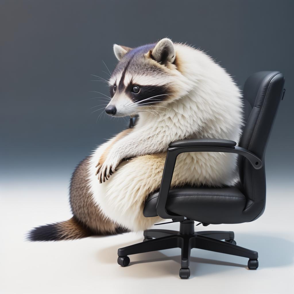  raccoon sitting in gaming chair front a computer on desktop, ((semi anthropomorphic)),(full body), tail, belly, sitting, fat, (chubby), (((white background))), solo, desktop, gaming chair, side view,  [[[clothes]]] hyperrealistic, full body, detailed clothing, highly detailed, cinematic lighting, stunningly beautiful, intricate, sharp focus, f/1. 8, 85mm, (centered image composition), (professionally color graded), ((bright soft diffused light)), volumetric fog, trending on instagram, trending on tumblr, HDR 4K, 8K