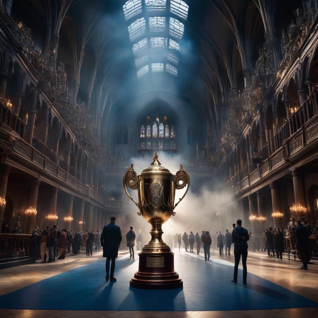  A huge hall with students, and in the middle stands a huge Hogwarts trophy cup with blue flames. Highly detailed. hyperrealistic, full body, detailed clothing, highly detailed, cinematic lighting, stunningly beautiful, intricate, sharp focus, f/1. 8, 85mm, (centered image composition), (professionally color graded), ((bright soft diffused light)), volumetric fog, trending on instagram, trending on tumblr, HDR 4K, 8K