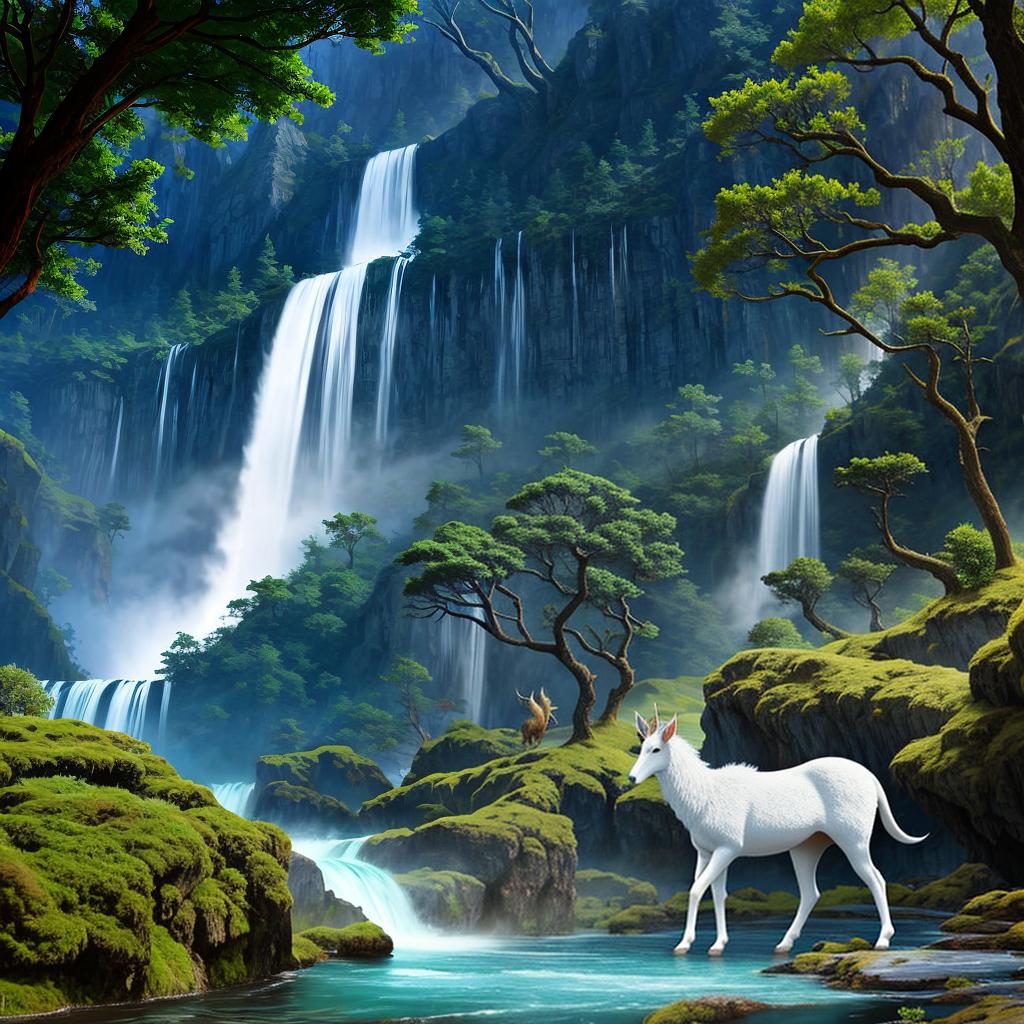  in a fantasy setting, Paint a surreal landscape where mythical beasts roam amidst cascading waterfalls.