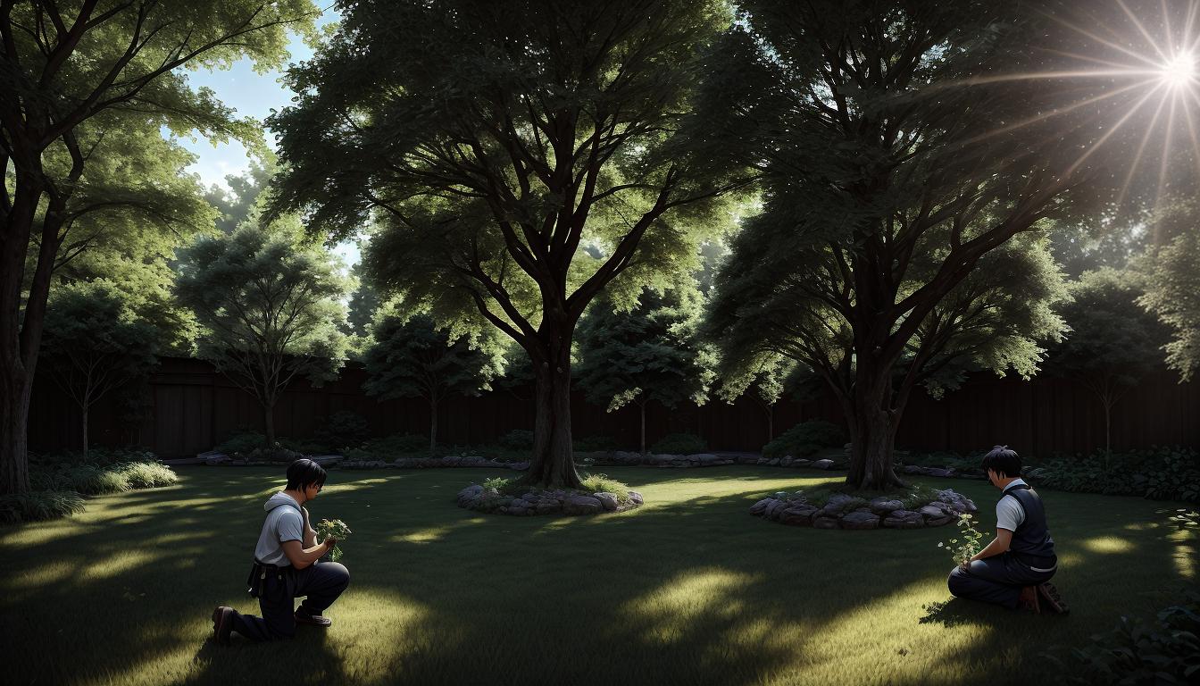  anime aesthetics, cinematic A person kneeling by a small sapling, gently watering it. Sunlight filtering through trees, creating a dappled effect. Lush, verdant background. Dynamic characters, intense action scenes, a color palette reminiscent of the era.4k, HDR, lens flare, visually stunning, emotionally evocative