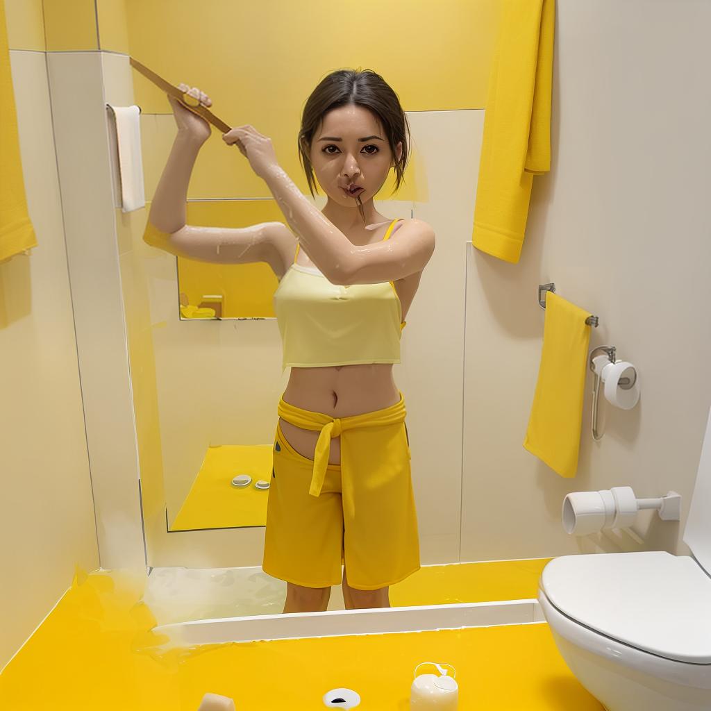  chica asiática duchandose juega baño color amarillo sin cortinas