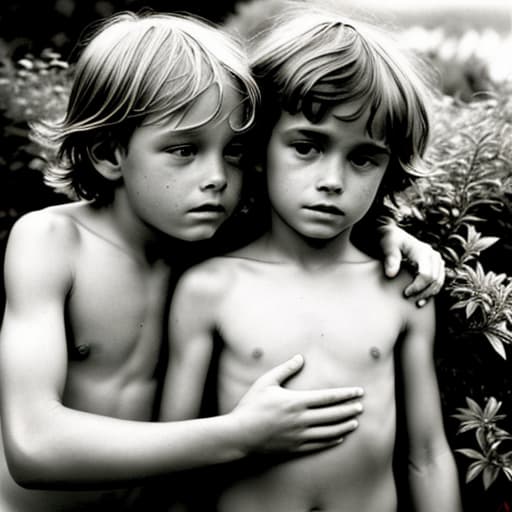  Two Beautiful old and boy in the bushes with no clothes on hugging and ing for the ls magazine, leonardo diffusion, stable diffusion, absolute reality v1.6, perfect symmetry, photo realistic raw, jock sturges and David hamilton style