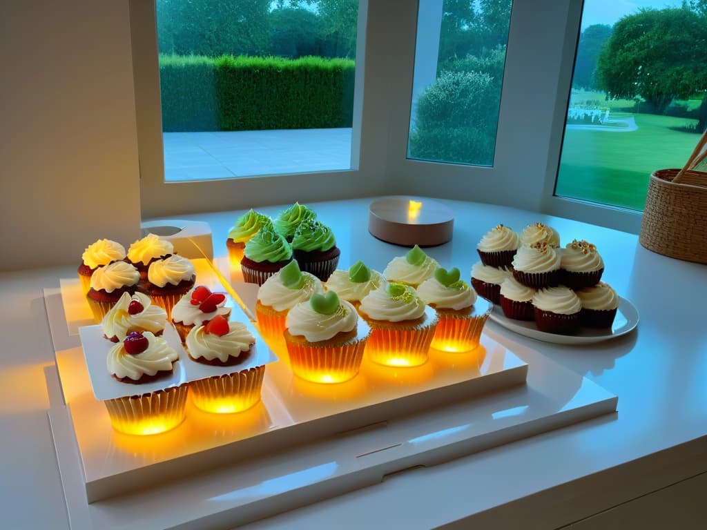  An ultradetailed image of a sleek, modern kitchen with pristine white countertops showcasing an array of specialized cupcake recipe books neatly lined up, each cover featuring vibrant and enticing images of decadent cupcakes in various flavors and designs. The sunlight streaming in through a nearby window casts a soft, inviting glow over the scene, creating a sense of warmth and inspiration for any aspiring baker. hyperrealistic, full body, detailed clothing, highly detailed, cinematic lighting, stunningly beautiful, intricate, sharp focus, f/1. 8, 85mm, (centered image composition), (professionally color graded), ((bright soft diffused light)), volumetric fog, trending on instagram, trending on tumblr, HDR 4K, 8K