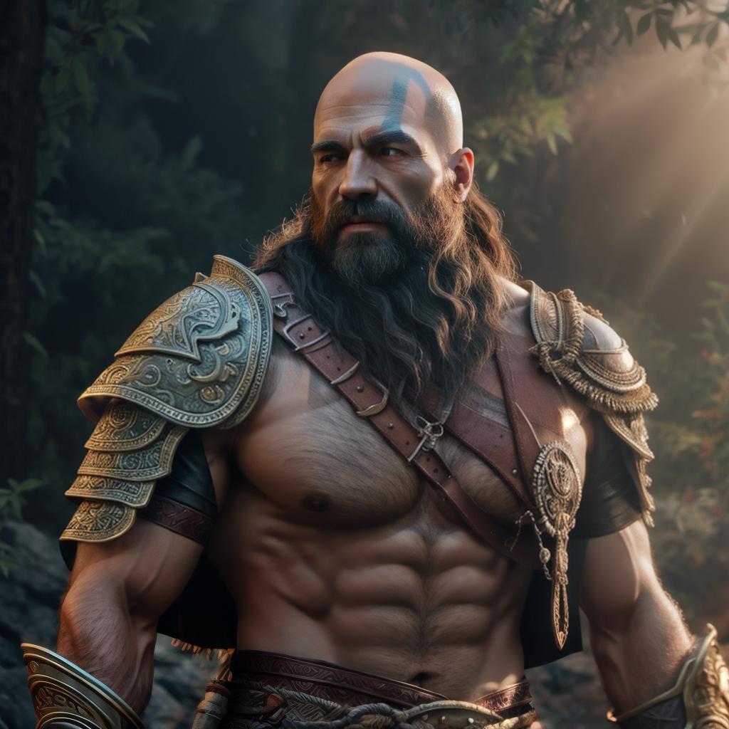  God of war hyperrealistic, full body, detailed clothing, highly detailed, cinematic lighting, stunningly beautiful, intricate, sharp focus, f/1. 8, 85mm, (centered image composition), (professionally color graded), ((bright soft diffused light)), volumetric fog, trending on instagram, trending on tumblr, HDR 4K, 8K