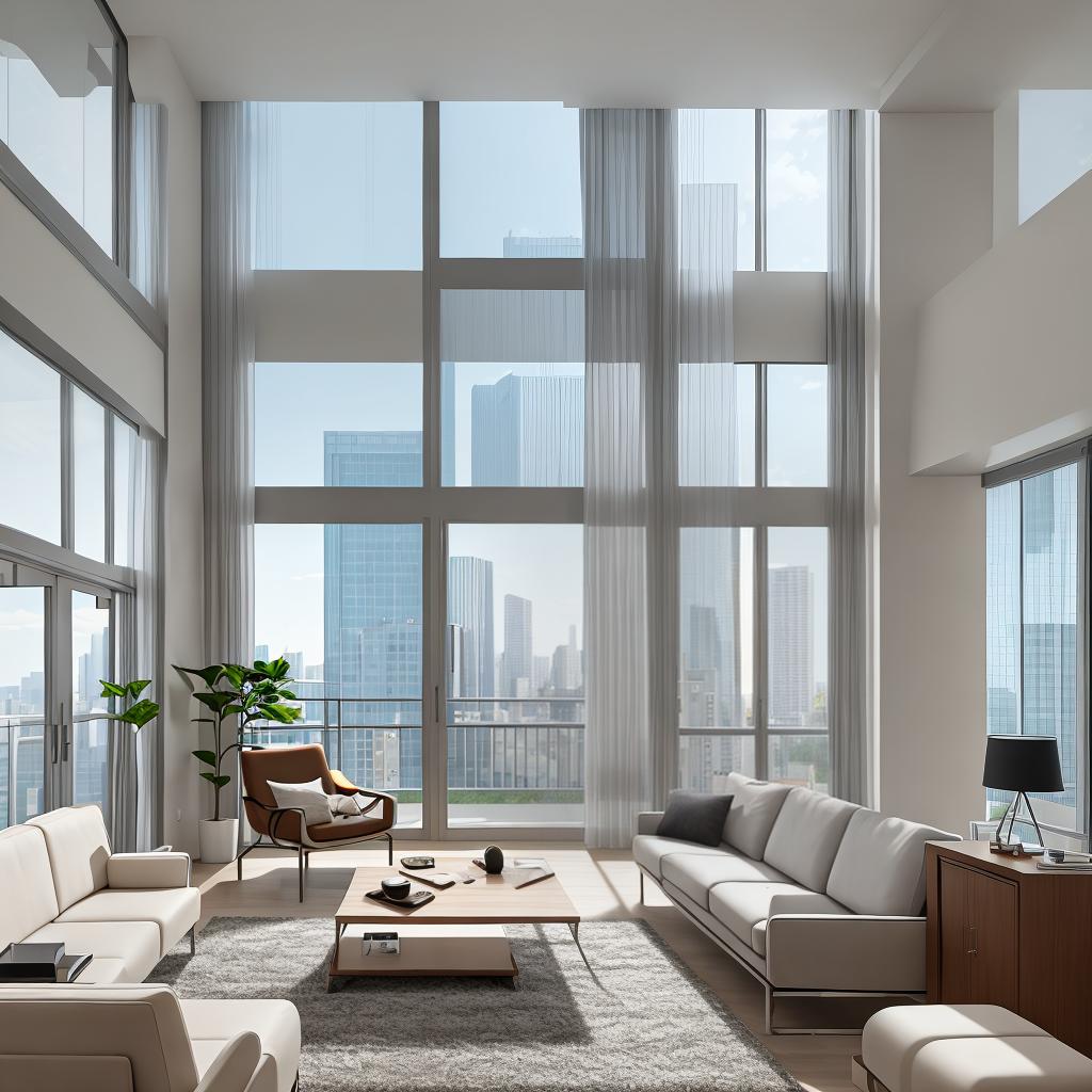  masterpiece, best quality, Best Quality, Masterpiece, 8k resolution,high resolution concept art of an apartment living room with floor to ceiling windows and modern furniture