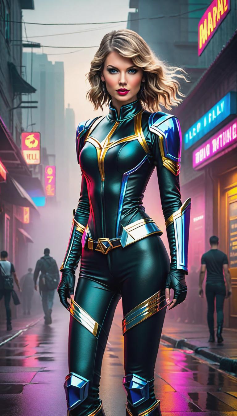  Cyberpunk style depiction of Taylor Swift as a Black Power Ranger. The scene is set in a world where technology has advanced, but society and human conditions have not, creating a gritty, dystopian atmosphere. hyperrealistic, full body, detailed clothing, highly detailed, cinematic lighting, stunningly beautiful, intricate, sharp focus, f/1. 8, 85mm, (centered image composition), (professionally color graded), ((bright soft diffused light)), volumetric fog, trending on instagram, trending on tumblr, HDR 4K, 8K