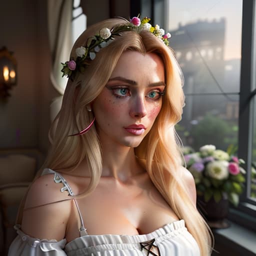  detailed and realistic portrait of a rapunzel maid with a few freckles, long blonde disheveled hairs, multicolor mesmerizing eyes, dark fluffy dress, soft natural lighting, portrait photography, magical photography, dramatic lighting, photo realism, ultra detailed, intimate portrait composition, flowers in background, Leica 50mm, f1. 4 hyperrealistic, full body, detailed clothing, highly detailed, cinematic lighting, stunningly beautiful, intricate, sharp focus, f/1. 8, 85mm, (centered image composition), (professionally color graded), ((bright soft diffused light)), volumetric fog, trending on instagram, trending on tumblr, HDR 4K, 8K