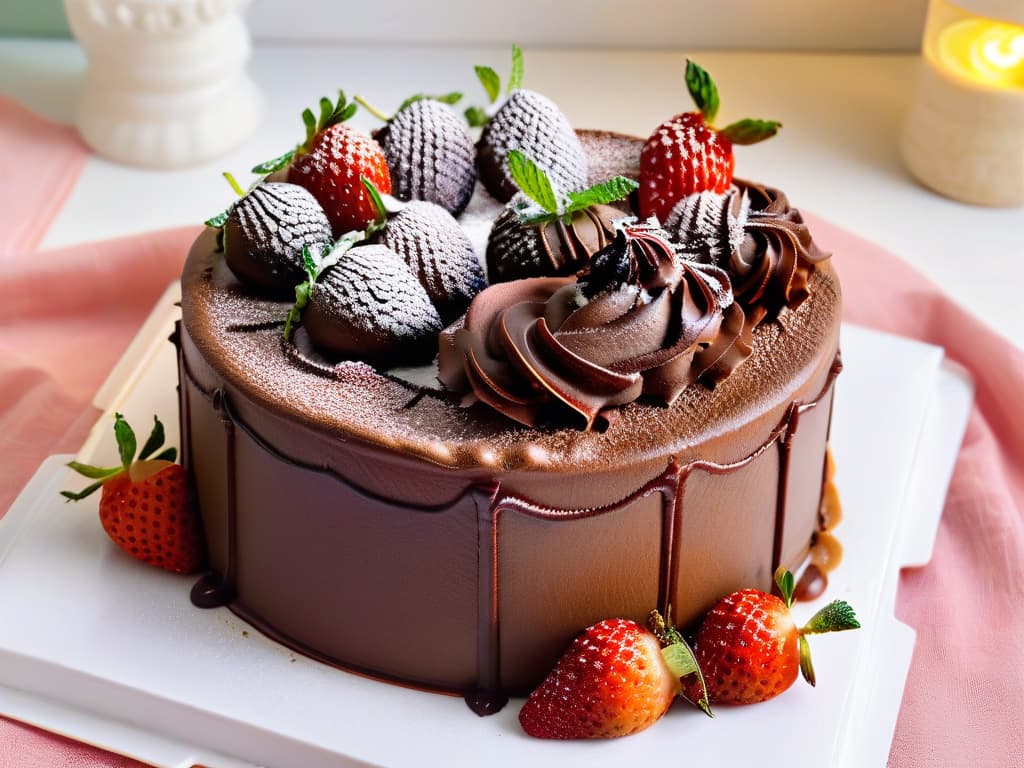  A closeup, ultradetailed image of a perfectly baked vegan chocolate cake, adorned with a delicate dusting of cocoa powder and surrounded by fresh strawberries and mint leaves. The cake is moist and rich, with a decadent ganache drizzle cascading down the sides, showcasing a glossy finish that glistens under the soft lighting. The texture is perfectly crumbly yet moist, inviting the viewer to imagine the indulgent flavors of this crueltyfree dessert. hyperrealistic, full body, detailed clothing, highly detailed, cinematic lighting, stunningly beautiful, intricate, sharp focus, f/1. 8, 85mm, (centered image composition), (professionally color graded), ((bright soft diffused light)), volumetric fog, trending on instagram, trending on tumblr, HDR 4K, 8K