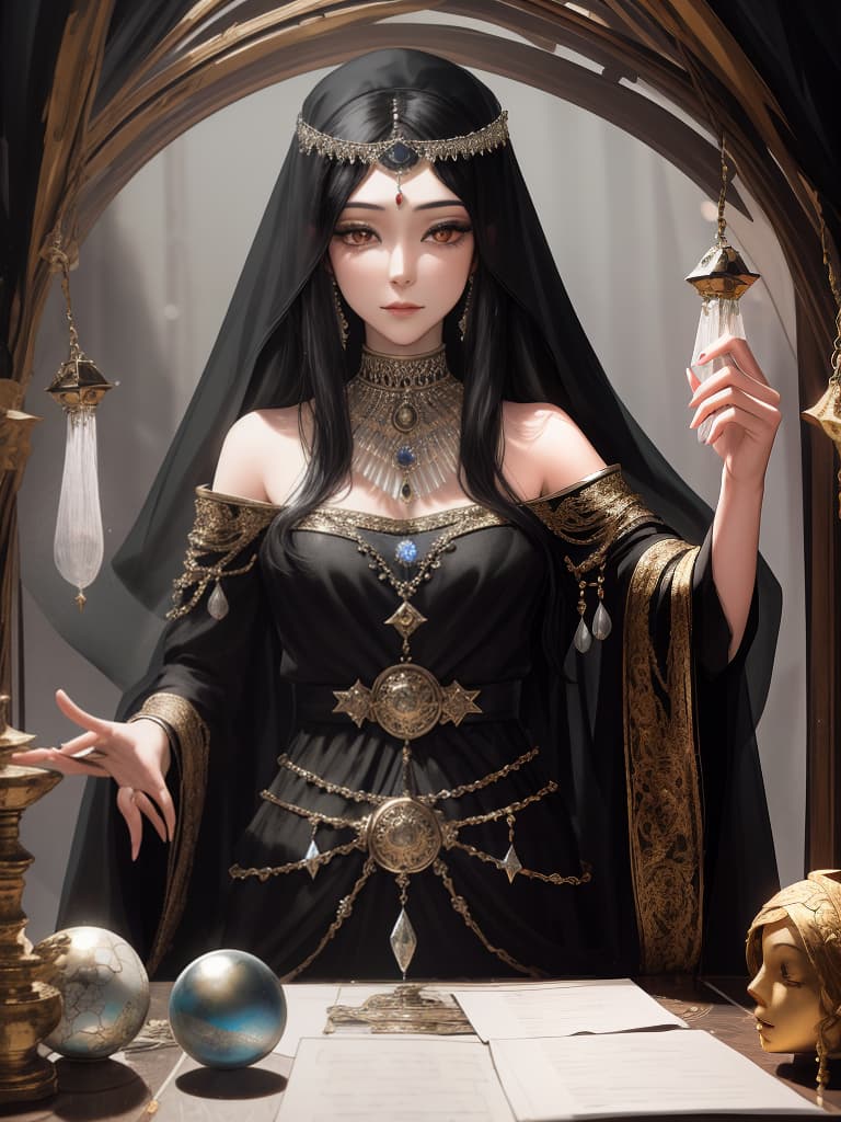  Fortune teller, woman, veil with black hair, crystal balls on the desk, masterpiece, best quality,8k,ultra detailed,high resolution,an extremely delicate and beautiful,hyper detail