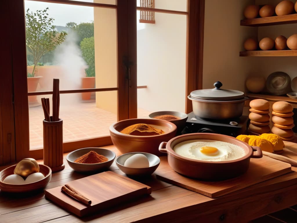  An ultradetailed photorealistic image of a traditional Mexican kitchen with a rustic wooden table filled with various baking ingredients like panela, cinnamon sticks, eggs, and flour. A warm sunlight streaming through a window illuminates the scene, casting soft shadows and creating a cozy atmosphere. A vintage copper mixing bowl and a wooden rolling pin are prominently displayed, hinting at the preparation of a traditional panelainfused dessert. The image exudes authenticity and showcases the essence of traditional pastry baking with panela. hyperrealistic, full body, detailed clothing, highly detailed, cinematic lighting, stunningly beautiful, intricate, sharp focus, f/1. 8, 85mm, (centered image composition), (professionally color graded), ((bright soft diffused light)), volumetric fog, trending on instagram, trending on tumblr, HDR 4K, 8K