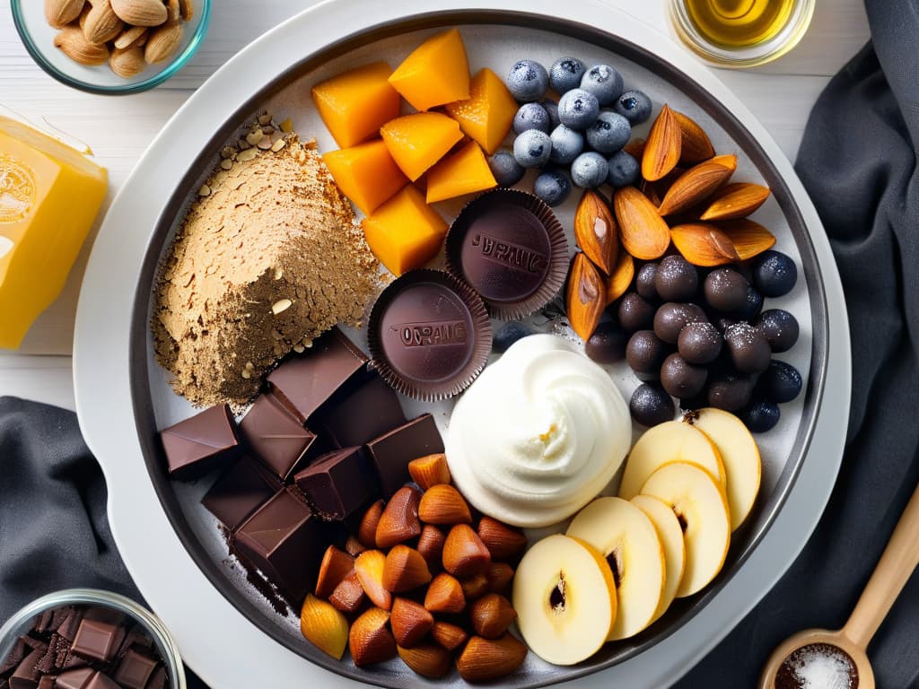  An ultradetailed image of a perfectly symmetrical and aesthetically pleasing flat lay arrangement of sustainably sourced ingredients for baking, including fair trade sugar, organic flour, ethically produced chocolate chips, and locally sourced vanilla extract. The image showcases the natural textures and vibrant colors of the ingredients against a clean, white background, emphasizing the quality and purity of the products used in sustainable baking practices. hyperrealistic, full body, detailed clothing, highly detailed, cinematic lighting, stunningly beautiful, intricate, sharp focus, f/1. 8, 85mm, (centered image composition), (professionally color graded), ((bright soft diffused light)), volumetric fog, trending on instagram, trending on tumblr, HDR 4K, 8K