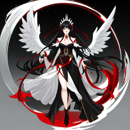  a girl manhua character with black hair and white skin have a black big wings wearing a red white dress hyperrealistic, full body, detailed clothing, highly detailed, cinematic lighting, stunningly beautiful, intricate, sharp focus, f/1. 8, 85mm, (centered image composition), (professionally color graded), ((bright soft diffused light)), volumetric fog, trending on instagram, trending on tumblr, HDR 4K, 8K