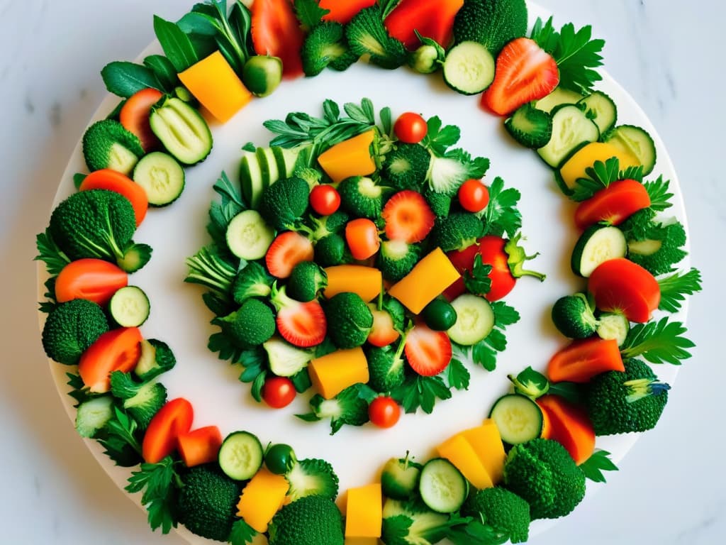  A minimalistic and highly detailed image of a colorful array of fresh fruits and vegetables, neatly arranged in a circular pattern on a sleek, white marble countertop. The vibrant colors of the produce pop against the clean background, showcasing the beauty and variety of vegan and vegetarian ingredients available for culinary creations. hyperrealistic, full body, detailed clothing, highly detailed, cinematic lighting, stunningly beautiful, intricate, sharp focus, f/1. 8, 85mm, (centered image composition), (professionally color graded), ((bright soft diffused light)), volumetric fog, trending on instagram, trending on tumblr, HDR 4K, 8K