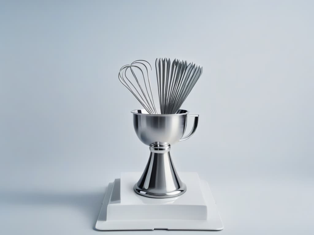  A minimalistic image of a gleaming silver trophy adorned with intricate baking utensils like whisks, rolling pins, and measuring spoons, set against a pristine white background to symbolize achievement in prestigious baking competitions. hyperrealistic, full body, detailed clothing, highly detailed, cinematic lighting, stunningly beautiful, intricate, sharp focus, f/1. 8, 85mm, (centered image composition), (professionally color graded), ((bright soft diffused light)), volumetric fog, trending on instagram, trending on tumblr, HDR 4K, 8K