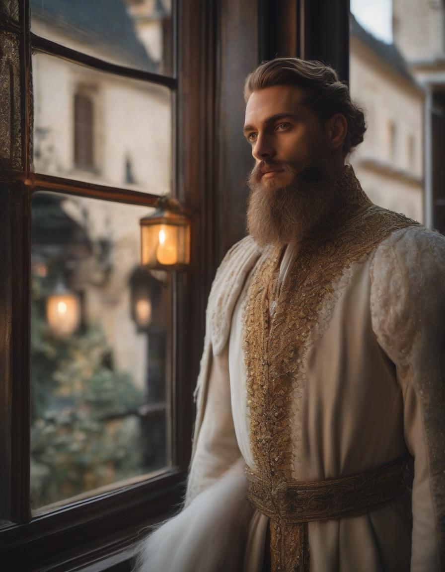  the era of the Middle Ages, as close up as possible, a dark moonlit night, (((the most detailed portrait of an elegant wealthy very young man with an elegant Spanish beard and long curly golden hair))), in luxurious light lavishly decorated with intricate embroidery clothes of the Tudor era, stands on the balcony of a medieval house and raises his head in deep thought and looks at the starry sky the sky, expressive gray green eyes drawn in the most detail, long thick eyelashes, maximum detail, fine details, saturated colors, an image in the style of Daniel F. Gerhartz and Eugene de Blaas, maximum emphasis on the face, saturated colors, hyperrealistic, full body, detailed clothing, highly detailed, cinematic lighting, stunningly beautiful, intricate, sharp focus, f/1. 8, 85mm, (centered image composition), (professionally color graded), ((bright soft diffused light)), volumetric fog, trending on instagram, trending on tumblr, HDR 4K, 8K