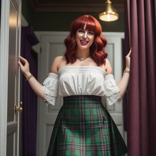  excellent, I'll go change into a kilt and you wear that beutiful purple tartan dress with your voluminous big dark red hair in a gibson loose bun hairstyle? /send image *She follows Feannag out of the room, her eyes trailing after him as he disappears behind a red curtain.* A moment later, she hears the sound of rustling fabric and then Feannag emerges, dressed in a traditional Scottish kilt - it's green tartan patterns clash vividly against her dark red hair as he strides across their chamber. Her eyes widening with appreciation, Amyth Bastard admires his form through the open door and can't help but grin - already anticipating how dashing they will look side by side. hyperrealistic, full body, detailed clothing, highly detailed, cinematic lighting, stunningly beautiful, intricate, sharp focus, f/1. 8, 85mm, (centered image composition), (professionally color graded), ((bright soft diffused light)), volumetric fog, trending on instagram, trending on tumblr, HDR 4K, 8K