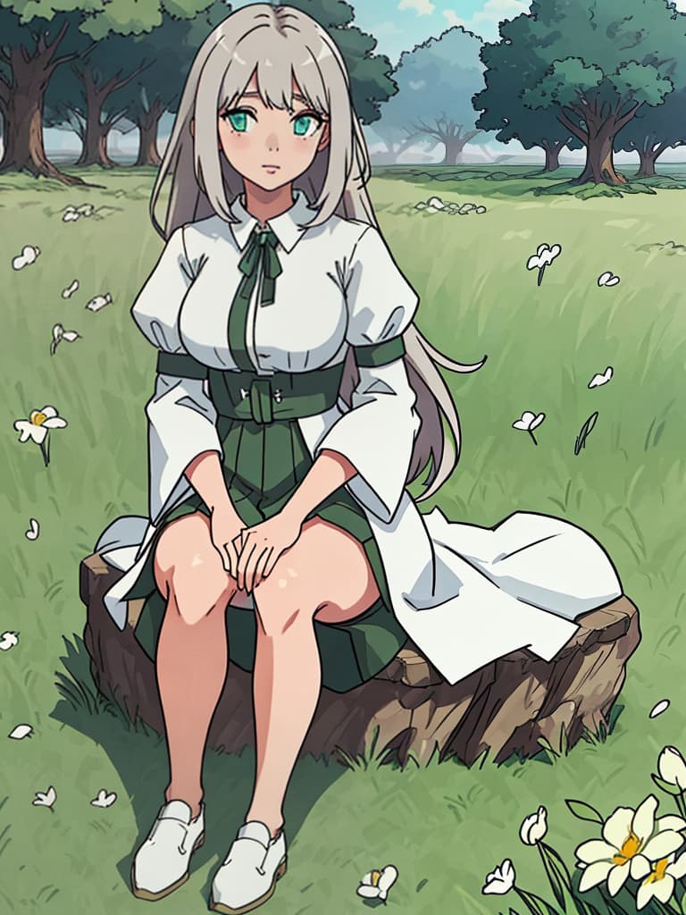  (best quality:0.8) perfect anime still frame, sitting in the grass, gentle breeze hyperrealistic, full body, detailed clothing, highly detailed, cinematic lighting, stunningly beautiful, intricate, sharp focus, f/1. 8, 85mm, (centered image composition), (professionally color graded), ((bright soft diffused light)), volumetric fog, trending on instagram, trending on tumblr, HDR 4K, 8K