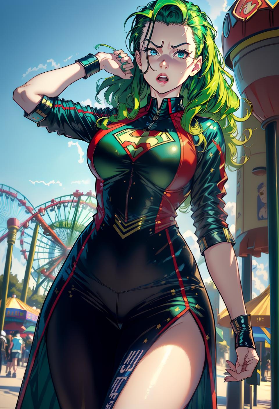  ((trending, highres, masterpiece, cinematic shot)), 1girl, mature, female superhero outfit, large, amusement park scene, medium-length wavy green hair, hair slicked back, large blue eyes, rational personality, surprised expression, very pale skin, orderly, observant