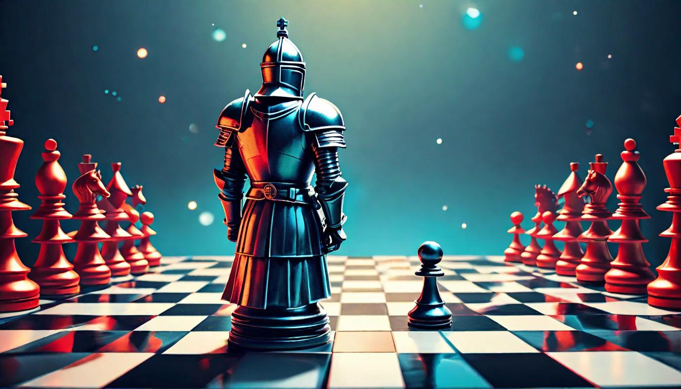  retro futuristic A chess piece, a knight, standing last on the board surrounded by fallen pieces, Symbolizing surprising strength and resilience, Strategy, unforeseen power, triumph lvintage sci fi, 50s and 60s style, atomic age, vibrant, highly detailed