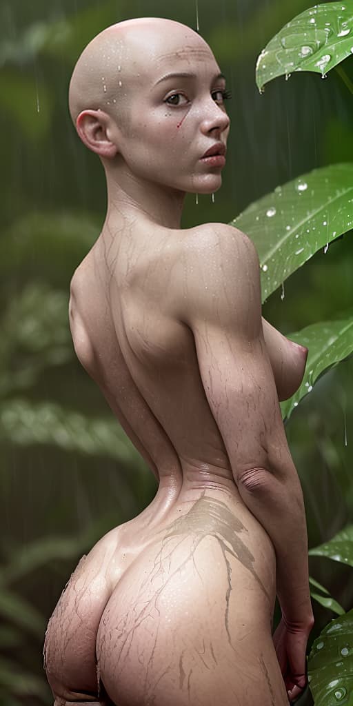  bald-girl, dirty, naked, with her back, in the jungle, it's raining, looking at me