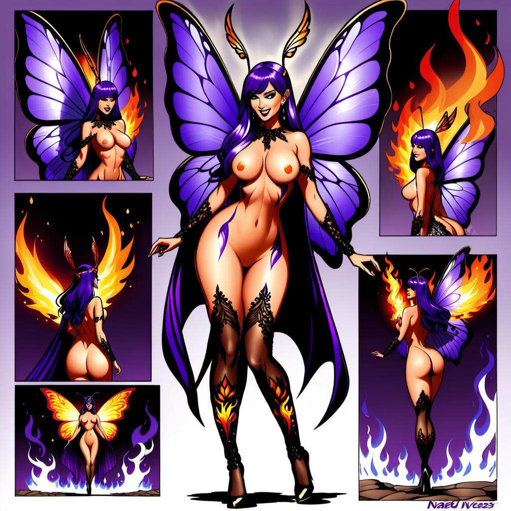  comic [naked:51] [nudist:51] [full body shot:51] naked|nudist badass splash provocative fiery slutty desirable without complexes very excited in lace stockings and very fiery flaming full body standing nudist fairy butterfly fiery violet fiery purple wings, full body shot, accent of light and focus between, fire on hands, sorceress with fire in her hands, long fiery and smoke tongue pulled out of mouth, bright blue eyes, elegant masterpieces of tattoos all over the body and on the face big hips, small, big, long stretching does stretching, accent lighting and focus on intimate long haircut and very small and very big lips and, Realistic painting of 