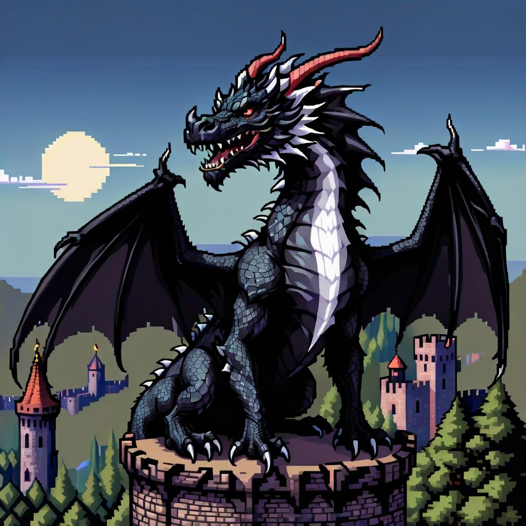  pixel art A black dragon on a medieval tower, pixel art. . low res, blocky, pixel art style, 8 bit graphics hyperrealistic, full body, detailed clothing, highly detailed, cinematic lighting, stunningly beautiful, intricate, sharp focus, f/1. 8, 85mm, (centered image composition), (professionally color graded), ((bright soft diffused light)), volumetric fog, trending on instagram, trending on tumblr, HDR 4K, 8K