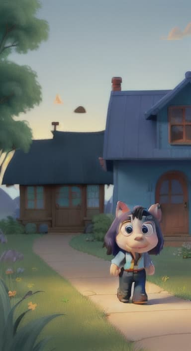  {Max walking back towards the cozy little house with droopy eyes, as twilight falls, The big blue dog is large with sky blue fur, big round eyes, a black nose, and floppy ears.