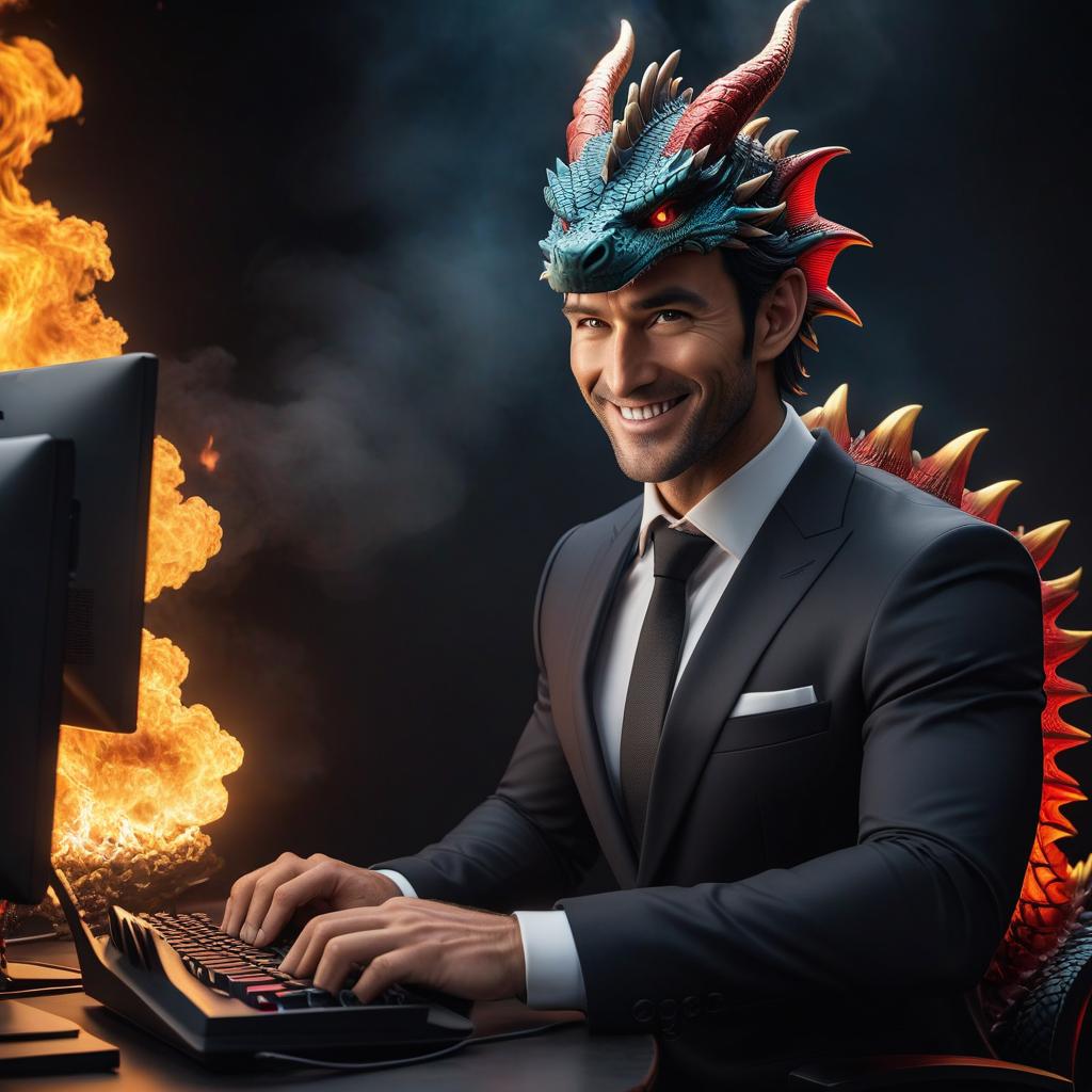  Headshot, looking straight into the camera, full face, dragon in a dark suit, kind, with a smile, at the computer, typing on the keyboard, fire all around hyperrealistic, full body, detailed clothing, highly detailed, cinematic lighting, stunningly beautiful, intricate, sharp focus, f/1. 8, 85mm, (centered image composition), (professionally color graded), ((bright soft diffused light)), volumetric fog, trending on instagram, trending on tumblr, HDR 4K, 8K