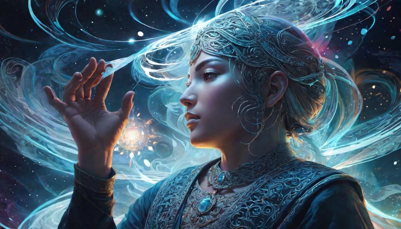  digital illustration, A person communicating with a luminous, ethereal presence, connected by swirling light, soul level dialogue, otherworldly, looking at viewer, dynamic pose, (intricate details, masterpiece, best quality)