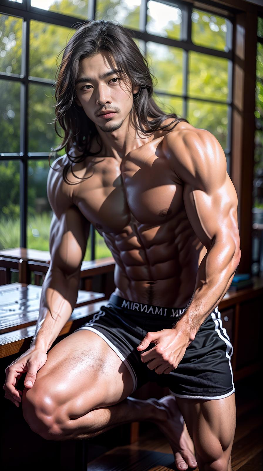  Best quality, masterpiece, ultra high res, (photorealistic:1.4), raw photo, (realistic skin), ((((masterpiece)))), best quality, very high resolution, ultra detailed, in frame, handsome, student, , , man, male, Korean, muscular, pose emphasizing s, ocks, squats, , oblique muscles, biceps, quadriceps, hamstrings, eight pack, transparent , deep shadow, dramatic lighting