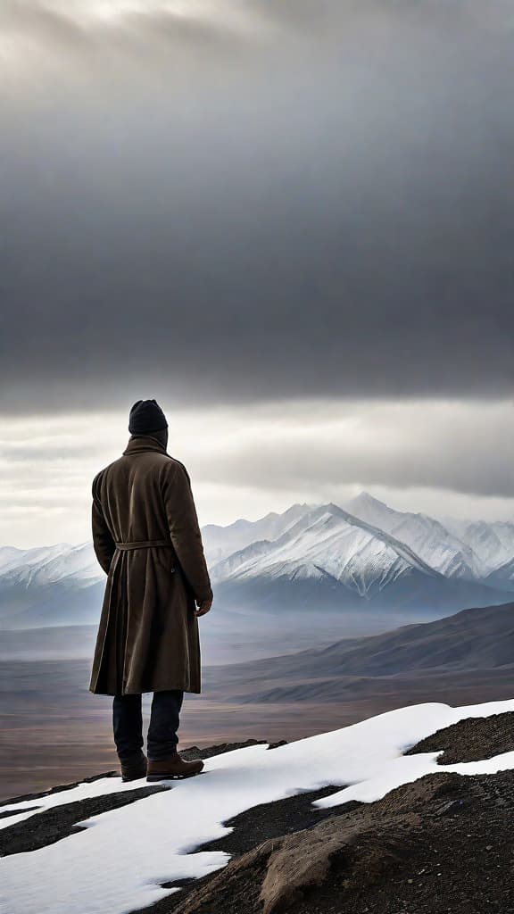  (A desolate, wind swept landscape with rugged, snow capped mountains in the distance. In the foreground, [a lone figure stands, their back turned to the viewer, gazing out over the vast, empty expanse]. The sky is a dreary, overcast gray, lending an air of melancholy to the scene. The figure's posture suggests a sense of isolation and contemplation, as if they are lost in thought, disconnected from the world around them.) hyperrealistic, full body, detailed clothing, highly detailed, cinematic lighting, stunningly beautiful, intricate, sharp focus, f/1. 8, 85mm, (centered image composition), (professionally color graded), ((bright soft diffused light)), volumetric fog, trending on instagram, trending on tumblr, HDR 4K, 8K