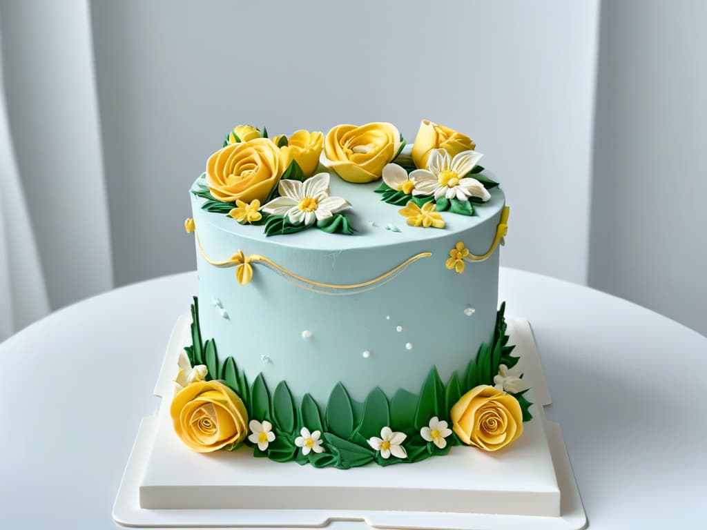  A minimalist, highresolution image of a beautifully decorated cake with intricate piping details, sitting on a sleek, modern cake stand. The cake is adorned with delicate fondant flowers and elegant swirls of frosting, showcasing the artistry and skill involved in classic pastry making. The color palette is soft pastels with a touch of gold accents, exuding sophistication and elegance. hyperrealistic, full body, detailed clothing, highly detailed, cinematic lighting, stunningly beautiful, intricate, sharp focus, f/1. 8, 85mm, (centered image composition), (professionally color graded), ((bright soft diffused light)), volumetric fog, trending on instagram, trending on tumblr, HDR 4K, 8K