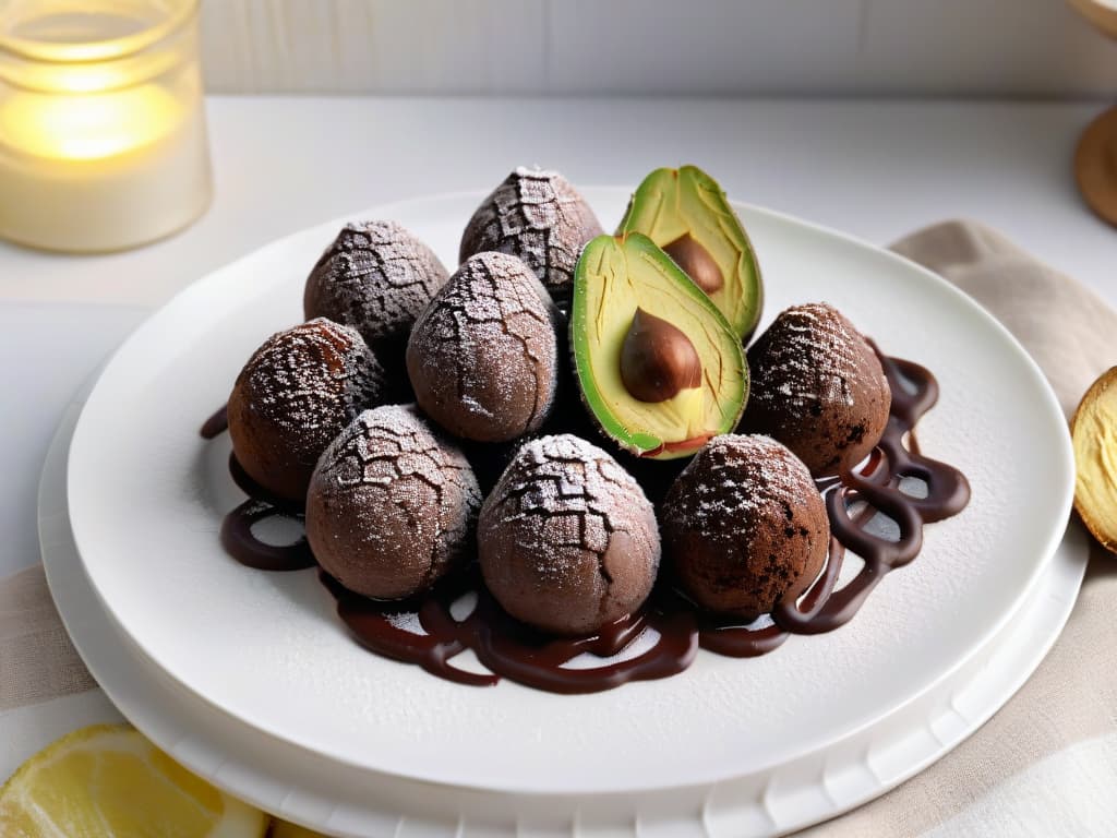  An ultradetailed, photorealistic image of a plate filled with rich, dark chocolate avocado truffles sprinkled with cocoa powder, surrounded by halved fresh avocados, glossy melted chocolate drizzle, and a dusting of powdered sugar on a sleek, modern kitchen countertop. The truffles are perfectly shaped, with a decadent creamy texture visible through the smooth chocolate coating, inviting the viewer to indulge in this healthy twist on a classic treat. hyperrealistic, full body, detailed clothing, highly detailed, cinematic lighting, stunningly beautiful, intricate, sharp focus, f/1. 8, 85mm, (centered image composition), (professionally color graded), ((bright soft diffused light)), volumetric fog, trending on instagram, trending on tumblr, HDR 4K, 8K