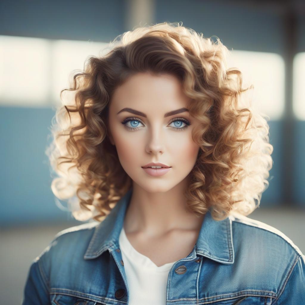  retro game art A striking portrait of a young woman with big blue eyes, full lips, and curly hair. She is dressed in a denim jacket and a white top with a low neckline. The background is a serene environment with soft, diffused natural light. The image is beautifully rendered using digital post processing, showcasing clear visualization of all objects and elements. Captured with an 85mm lens and dramatic lighting, the photorealism is enhanced by the use of Cinestill 800T film. The over detailing and intimate portrait composition create a contemplative mood, while the emotional facial expressions and stylized prose add depth to the image. With brilliant textures and hyper realistic details, this 8K high quality image is perfect for 3D render hyperrealistic, full body, detailed clothing, highly detailed, cinematic lighting, stunningly beautiful, intricate, sharp focus, f/1. 8, 85mm, (centered image composition), (professionally color graded), ((bright soft diffused light)), volumetric fog, trending on instagram, trending on tumblr, HDR 4K, 8K