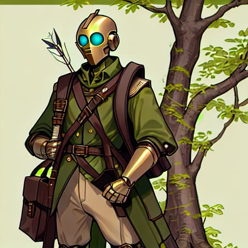  nature background warforged, his body fully is a tree body robot, behind him it's a large satchel bag, he holding a longbow in his hand, in large satchel bag is arrow, he wereing ranger clothes.