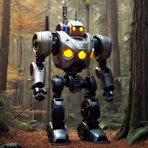  a robot in fantasy rich forrest, best quality, masterpiece