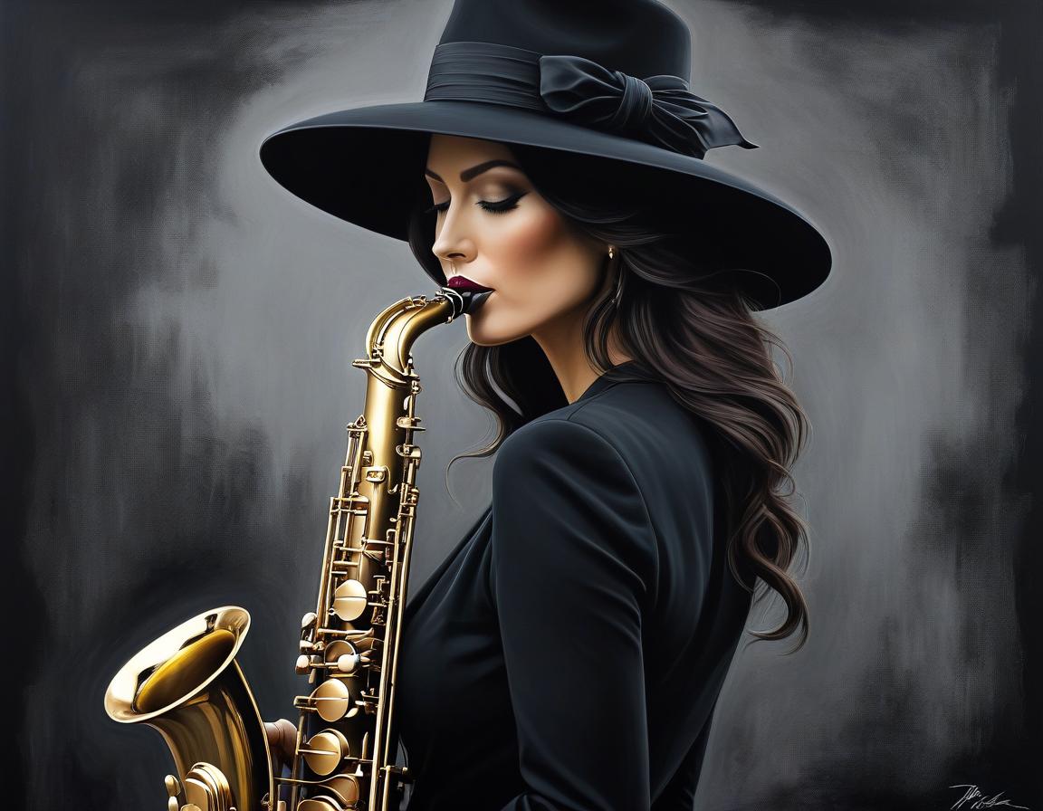  surrealist art An exquisite depiction of woman in a black hat playing the saxophone, with Louis Jover and Drew Darcy inspired style. The artwork is highly detailed, elegant, and intricate, featuring dynamic lighting and imperial colors. It is a stunning piece with a surreal and ultra realistic touch, created using oil on canvas with a focus on sharp details . dreamlike, mysterious, provocative, symbolic, intricate, detailed hyperrealistic, full body, detailed clothing, highly detailed, cinematic lighting, stunningly beautiful, intricate, sharp focus, f/1. 8, 85mm, (centered image composition), (professionally color graded), ((bright soft diffused light)), volumetric fog, trending on instagram, trending on tumblr, HDR 4K, 8K