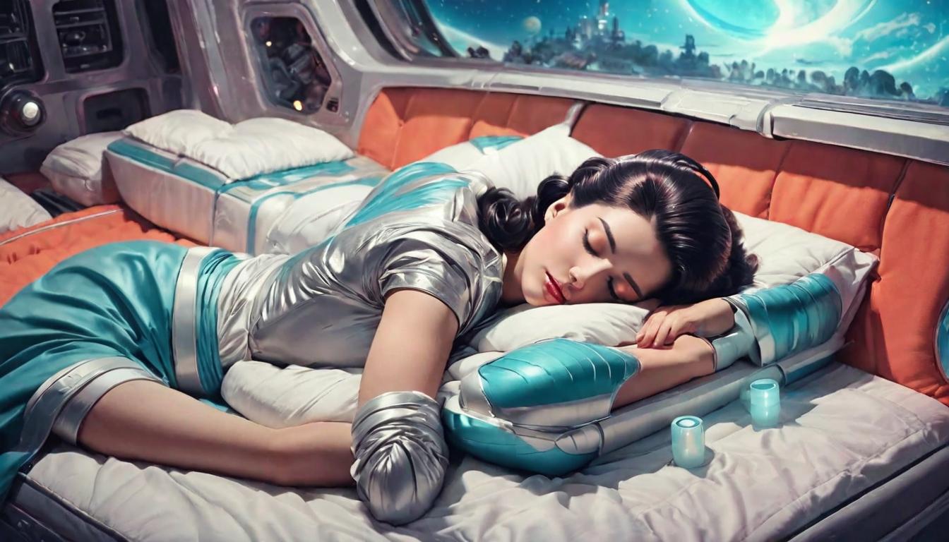  retro futuristic Person sleeping peacefully, calm expression, cozy setting, soft lighting lvintage sci fi, 50s and 60s style, atomic age, vibrant, highly detailed