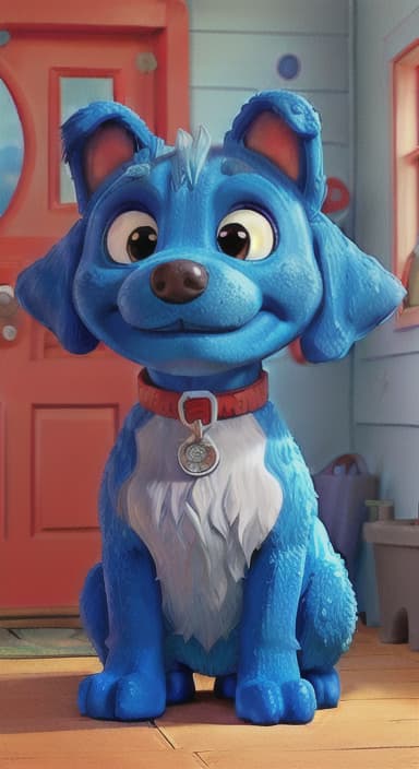  {Max the big blue dog standing in front of a cozy little house with a red door, The big blue dog is large with sky blue fur, big round eyes, a black nose, and floppy ears.