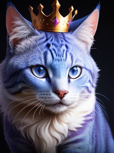  purple and blue cat with crown, hyperrealistic, high quality, highly detailed, perfect lighting, intricate, sharp focus, f/1. 8, 85mm, (centered image composition), (professionally color graded), ((bright soft diffused light)), trending on instagram, HDR 4K, 8K