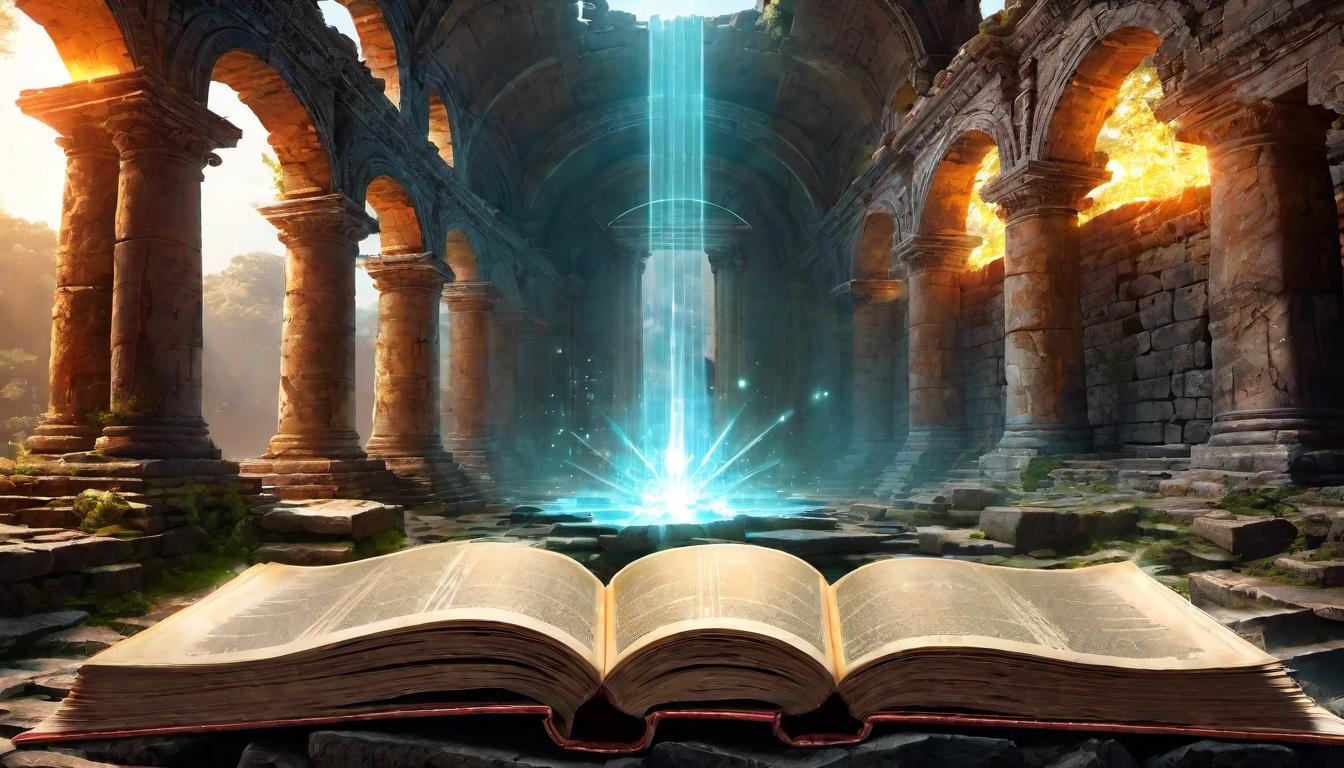  digital illustration An open book amidst ancient ruins, pages glowing with light, seven radiant points floating above, symbolizing knowledge, enlightenment amidst decay, wisdom survives, remnants of the past, beacon of hope looking at viewer, dynamic pose, (intricate details, masterpiece, best quality)