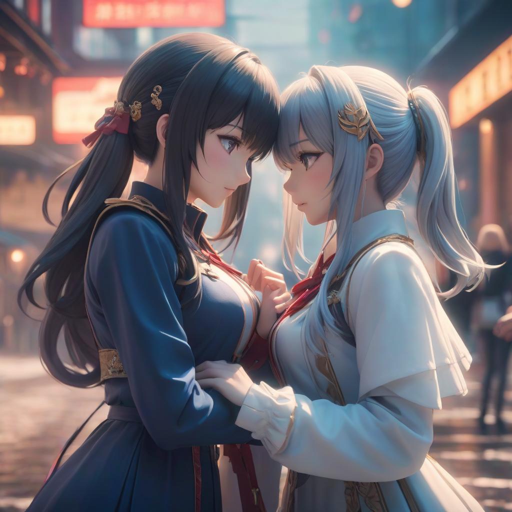  two anime girls touch each other hyperrealistic, full body, detailed clothing, highly detailed, cinematic lighting, stunningly beautiful, intricate, sharp focus, f/1. 8, 85mm, (centered image composition), (professionally color graded), ((bright soft diffused light)), volumetric fog, trending on instagram, trending on tumblr, HDR 4K, 8K